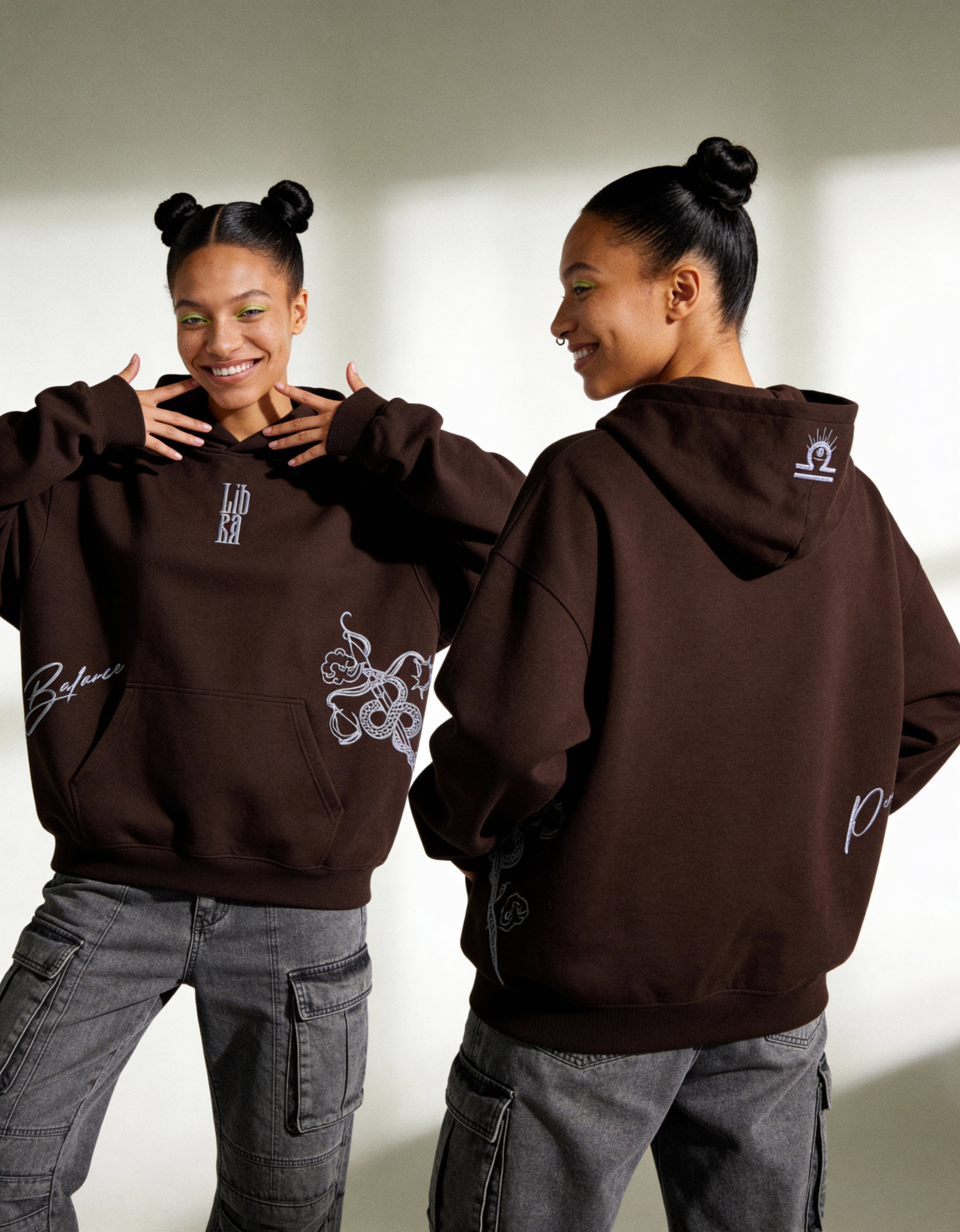 freepik__a-woman-with-sleek-two-buns-hairstyle-and-wearing-__71334 Libra Embroidery Hoodie For Women - Image 8