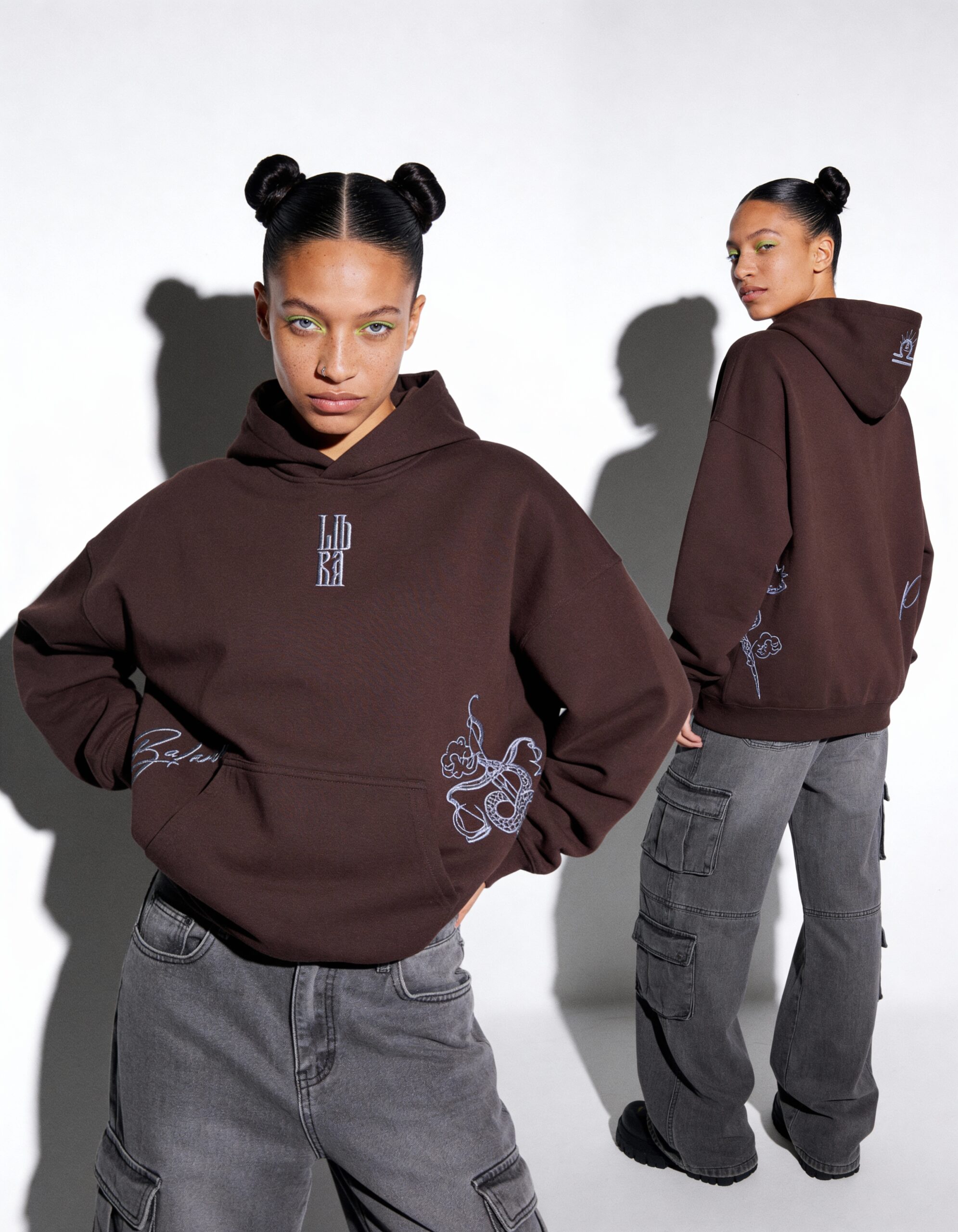 freepik__a-woman-with-sleek-two-buns-hairstyle-and-wearing-__71337 Libra Embroidery Hoodie For Women - Image 6