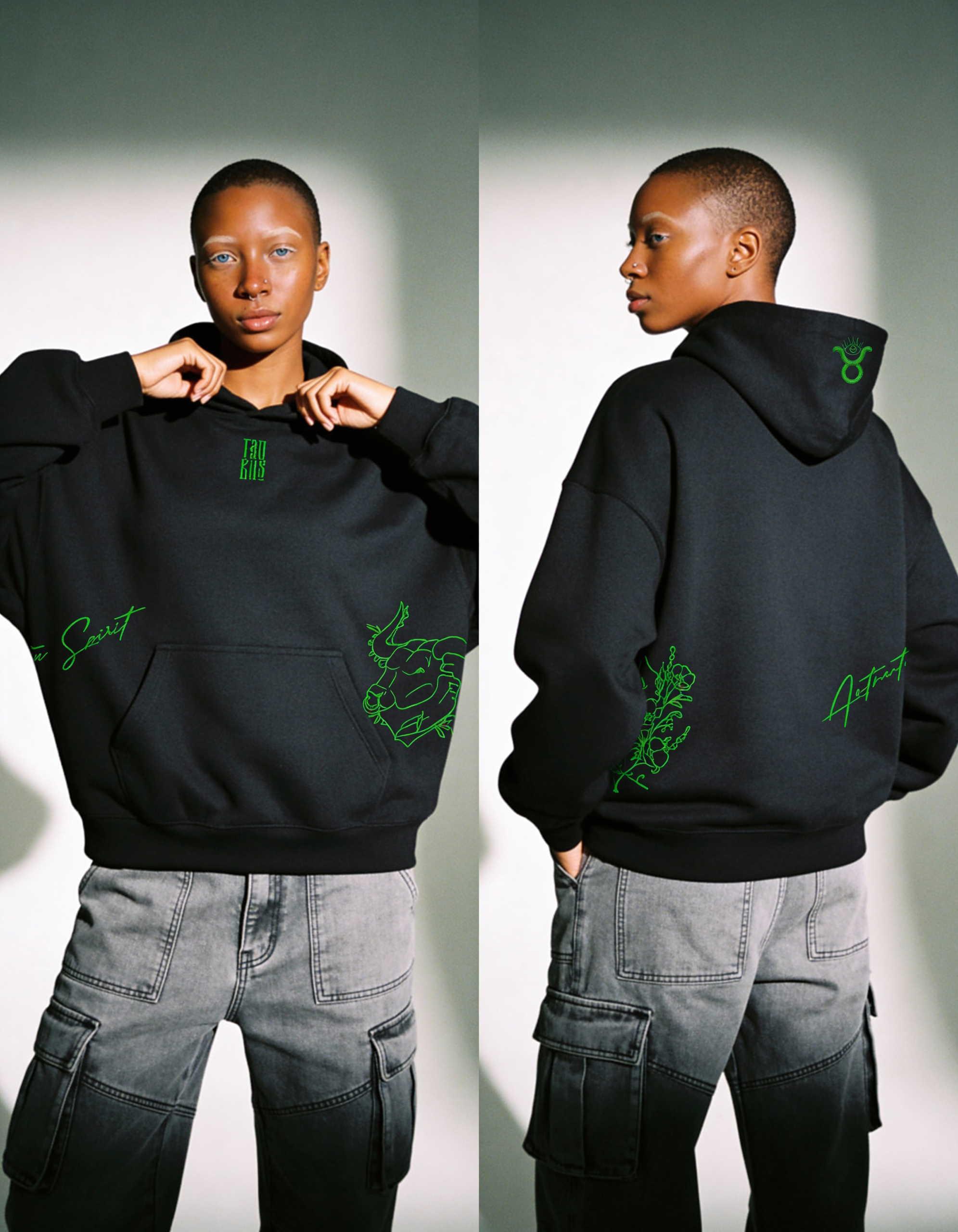 freepik__darkskinned-woman-with-a-short-buz-cut-and-barely-__32126 Taurus Embroidery Hoodie For Women - Image 5