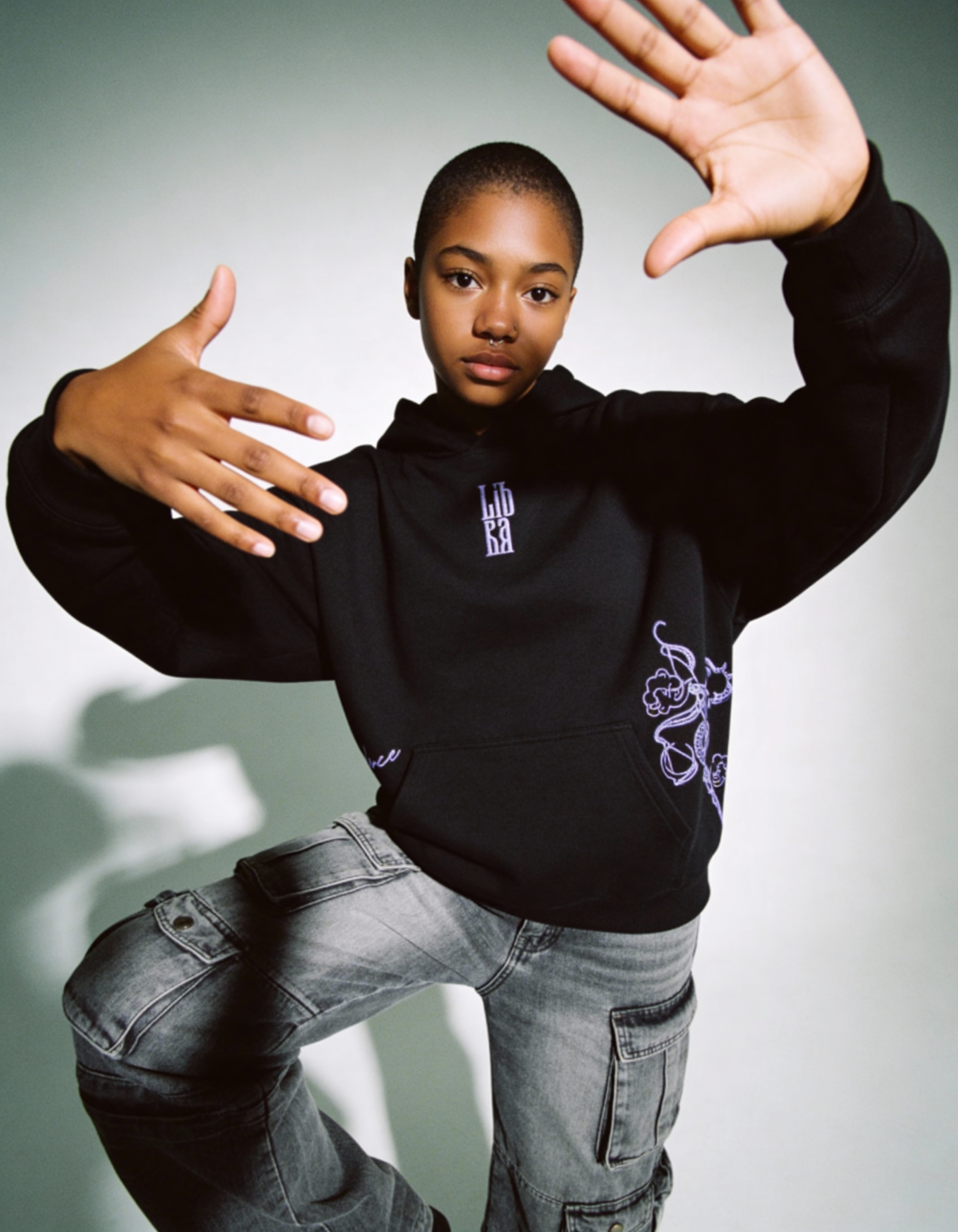 freepik__darkskinned-woman-with-a-short-buz-cut-and-wearing__84470 Libra Embroidery Hoodie For Women - Image 3